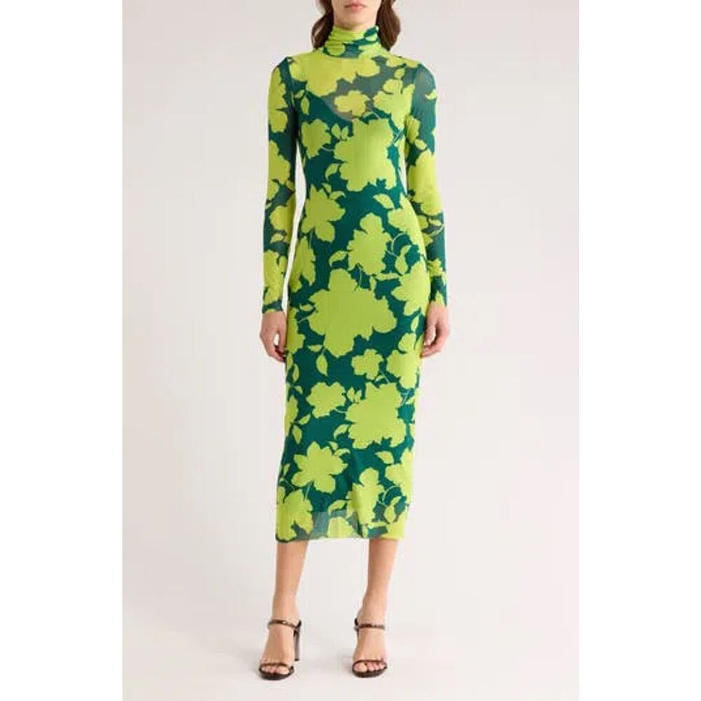AFRM Marni Turtleneck Mesh Midi Dress in Lime Shadow Size XS